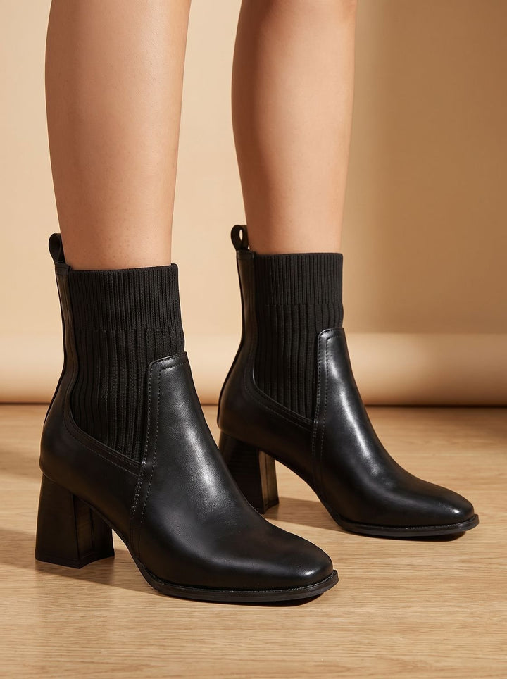Women's Block Heel Slip-On Ankle Boots Knit Sock Shaft
