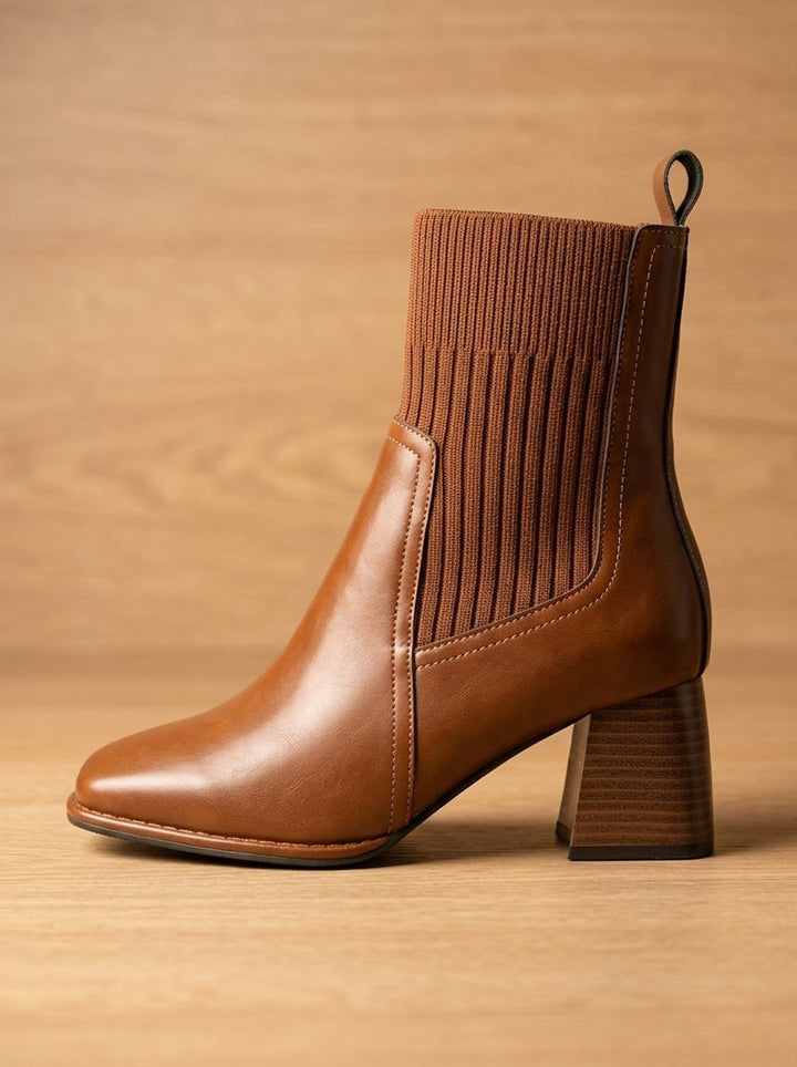 Women's Block Heel Slip-On Ankle Boots Knit Sock Shaft