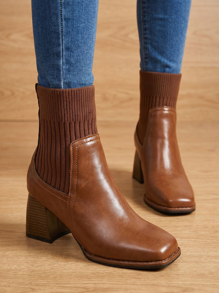 Women's Block Heel Slip-On Ankle Boots Knit Sock Shaft