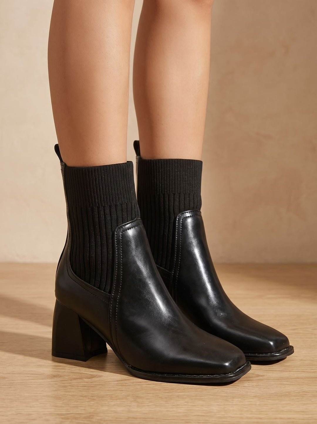 Women's Block Heel Slip-On Ankle Boots Knit Sock Shaft - Black