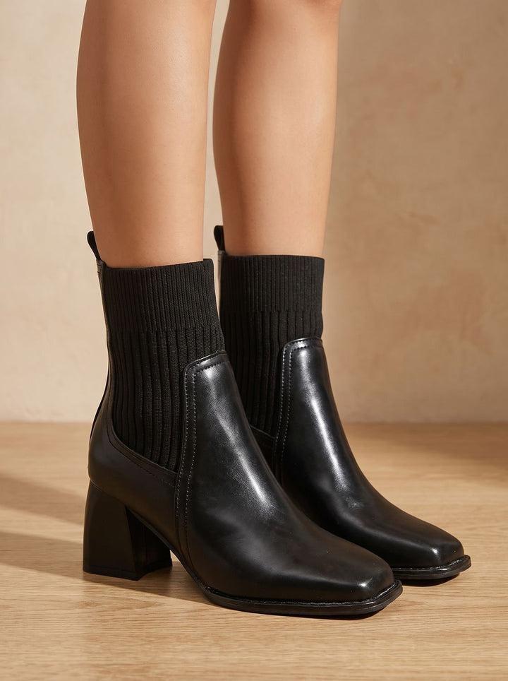 Women's Block Heel Slip-On Ankle Boots Knit Sock Shaft - Black