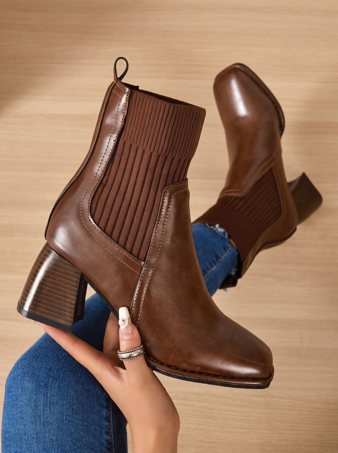 Women's Block Heel Slip-On Ankle Boots Knit Sock Shaft - Brown