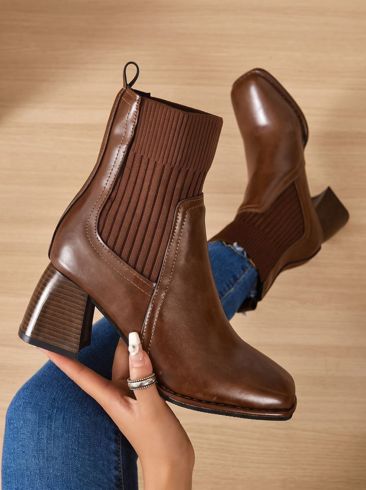Women's Block Heel Slip-On Ankle Boots Knit Sock Shaft - Brown
