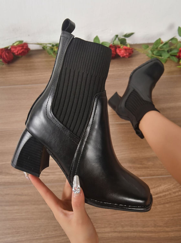 Women's Block Heel Slip-On Ankle Boots Knit Sock Shaft