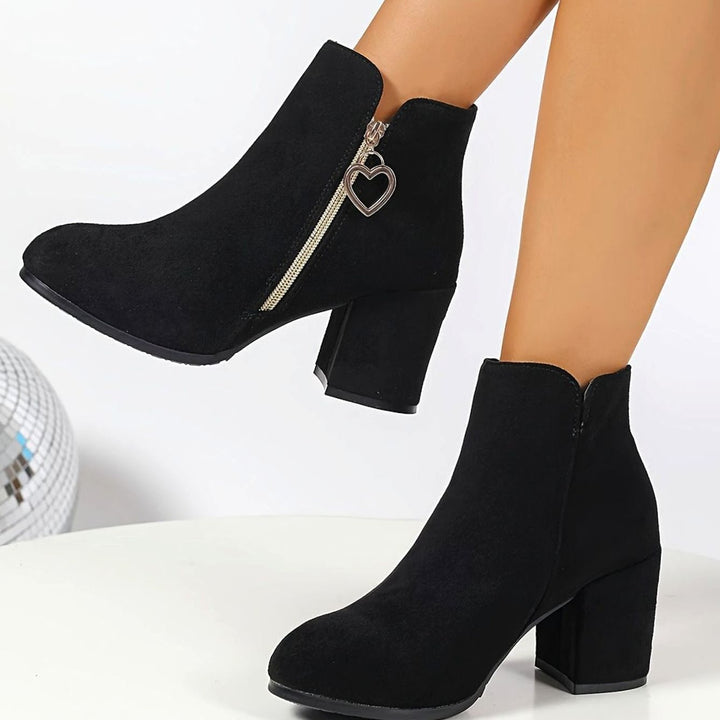 Women's Block-Heel Suede Ankle Boots Heart-Charm Zipper - Black