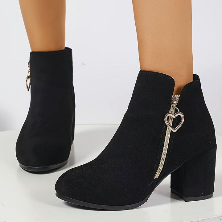 Women's Block-Heel Suede Ankle Boots Heart-Charm Zipper