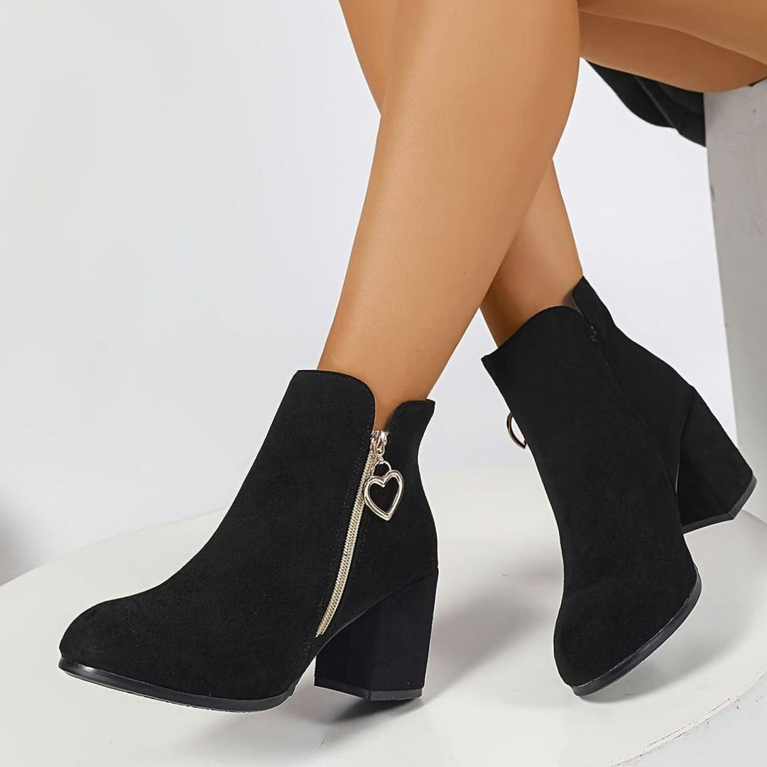 Women's Block-Heel Suede Ankle Boots Heart-Charm Zipper