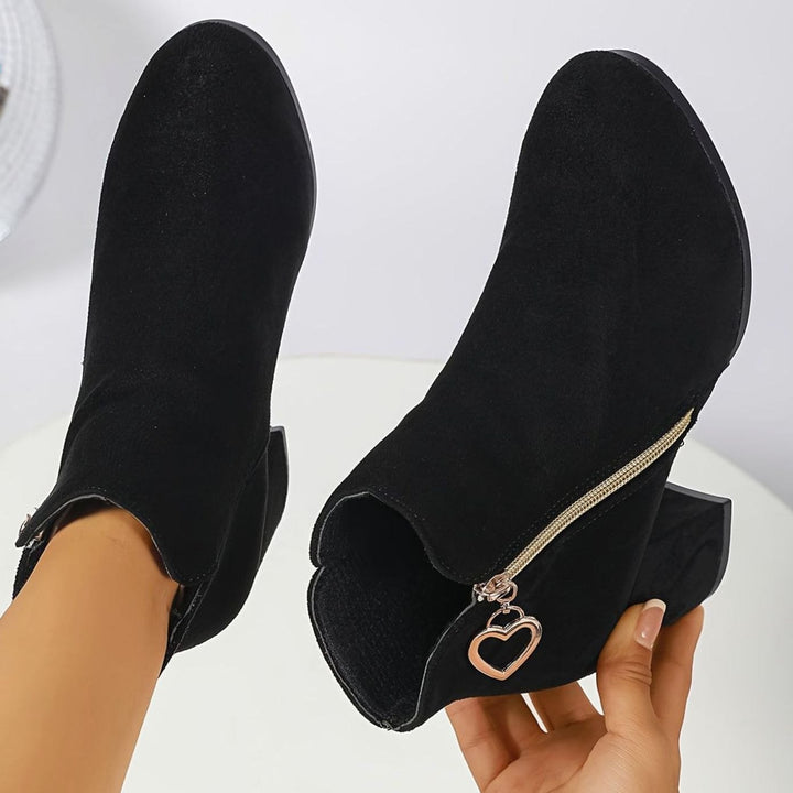 Women's Block-Heel Suede Ankle Boots Heart-Charm Zipper