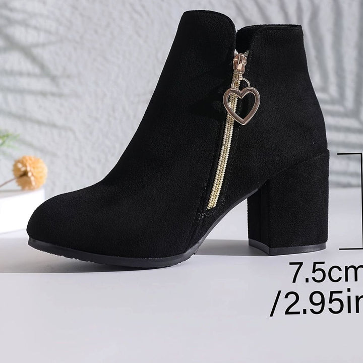 Women's Block-Heel Suede Ankle Boots Heart-Charm Zipper