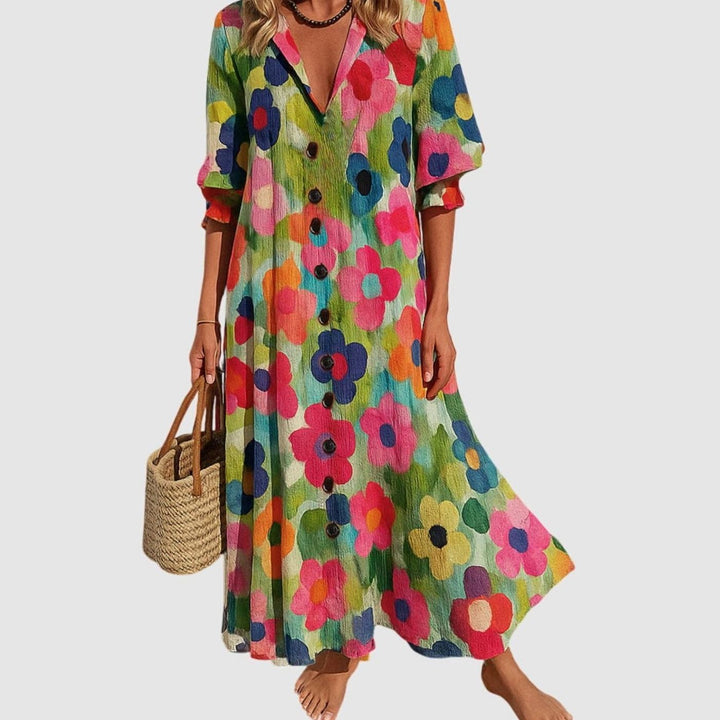 Women's Blooming Floral Button-Front V-Neck Maxi Dress - Multi-Color 1