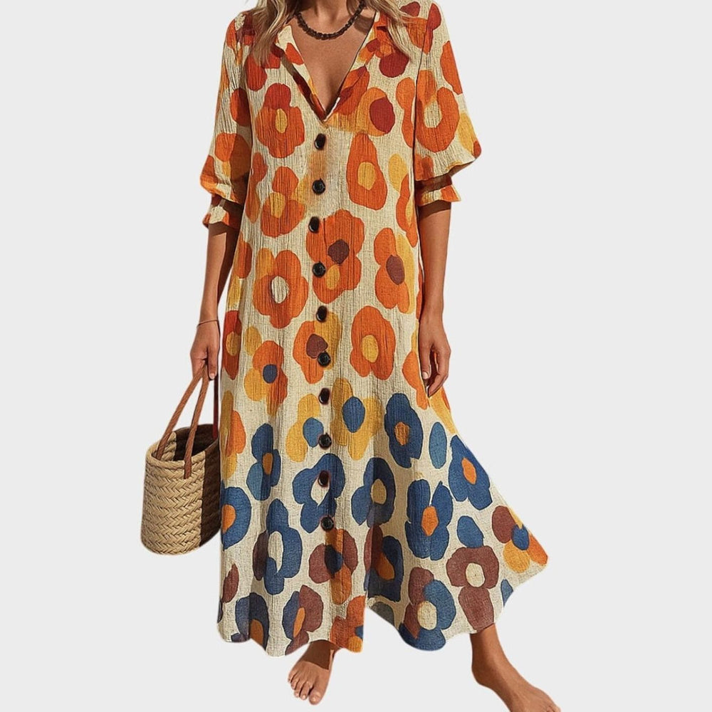 Women's Blooming Floral Button-Front V-Neck Maxi Dress - Yellow