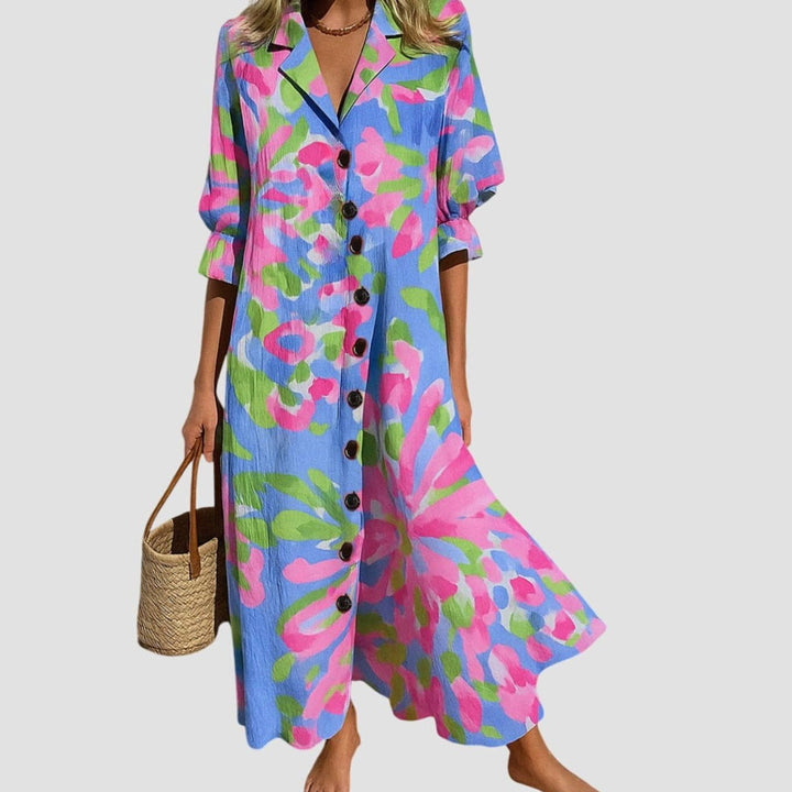 Women's Blooming Floral Button-Front V-Neck Maxi Dress - Pink