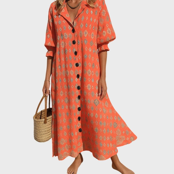 Women's Blooming Floral Button-Front V-Neck Maxi Dress - Red