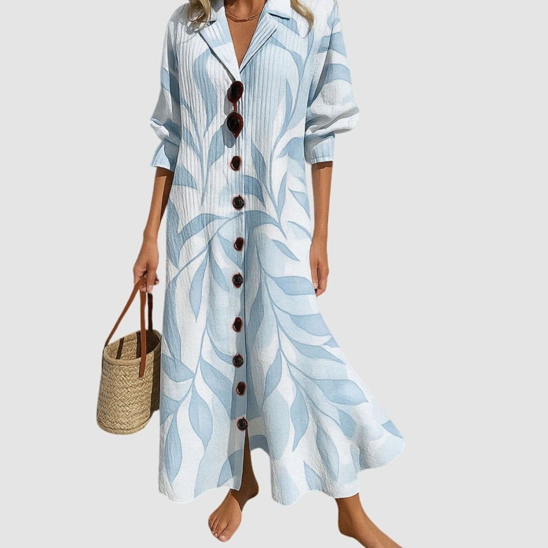 Women's Blooming Floral Button-Front V-Neck Maxi Dress - Light Blue
