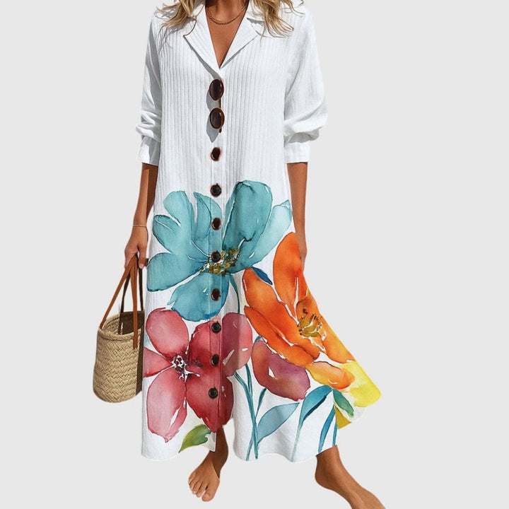 Women's Blooming Floral Button-Front V-Neck Maxi Dress - White