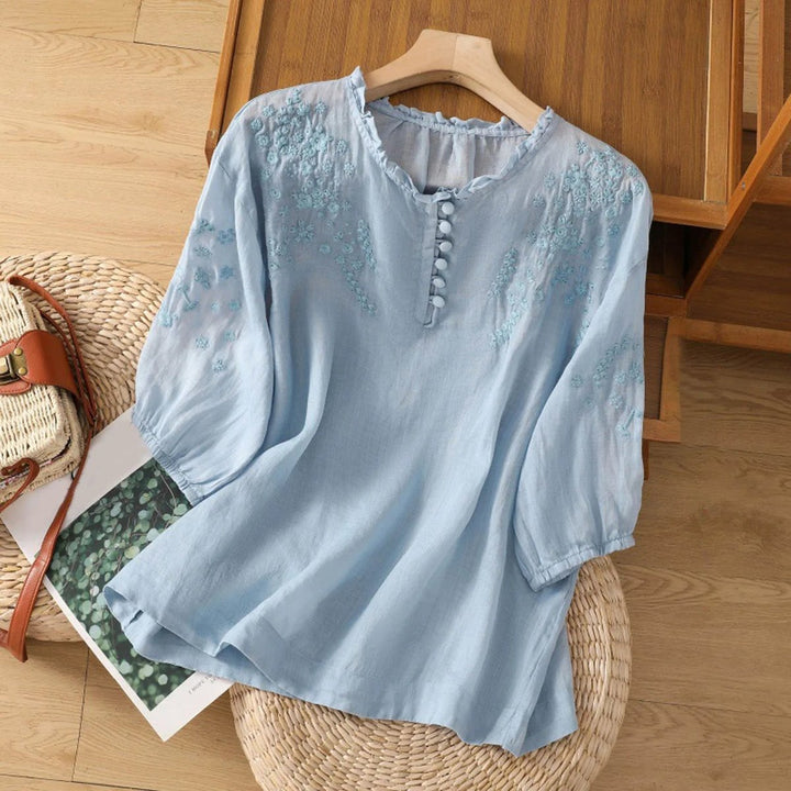 Women's Bohemian Floral Embroidered Ruffle Puff-Sleeve Blouse - Blue