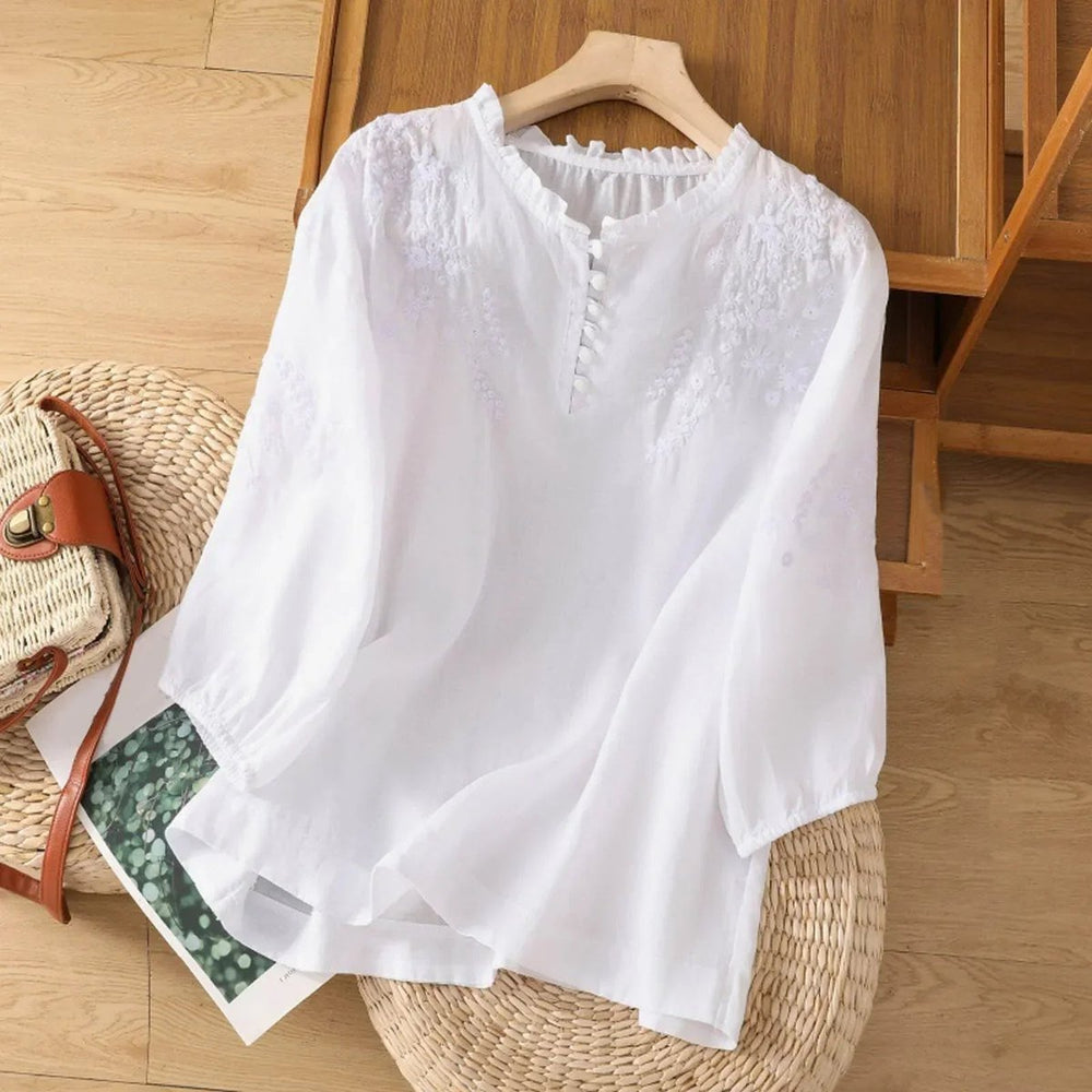 Women's Bohemian Floral Embroidered Ruffle Puff-Sleeve Blouse - White
