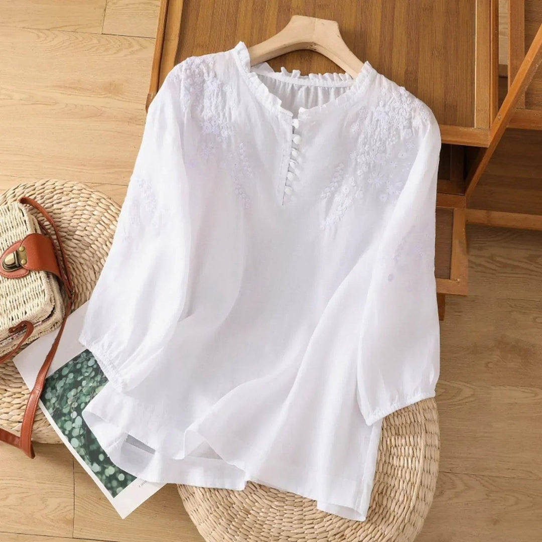 Women's Bohemian Floral Embroidered Ruffle Puff-Sleeve Blouse - White