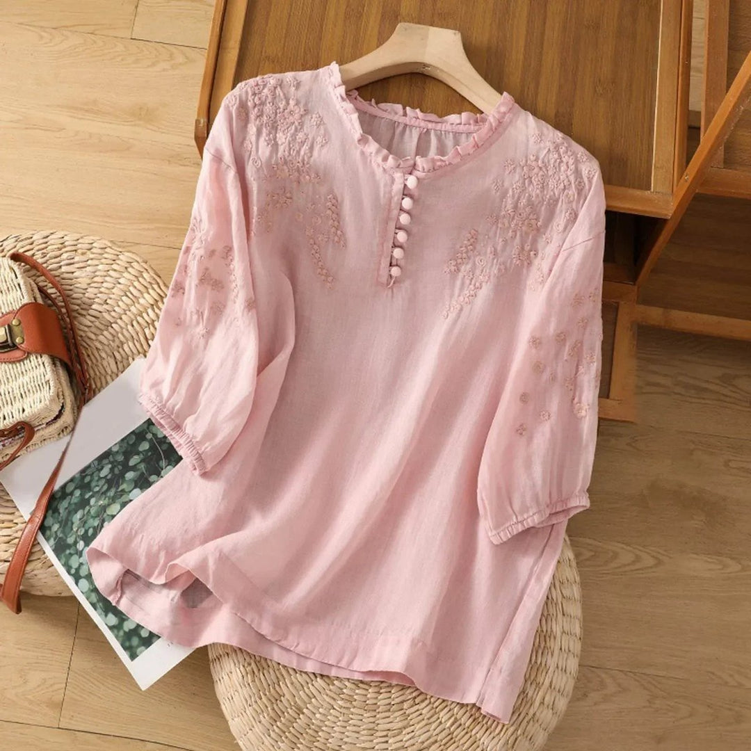 Women's Bohemian Floral Embroidered Ruffle Puff-Sleeve Blouse - Pink