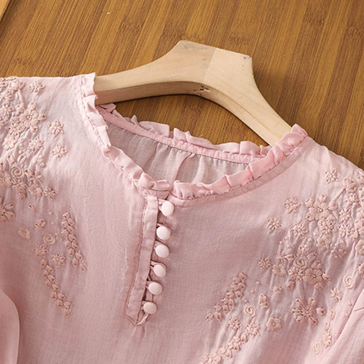 Women's Bohemian Floral Embroidered Ruffle Puff-Sleeve Blouse