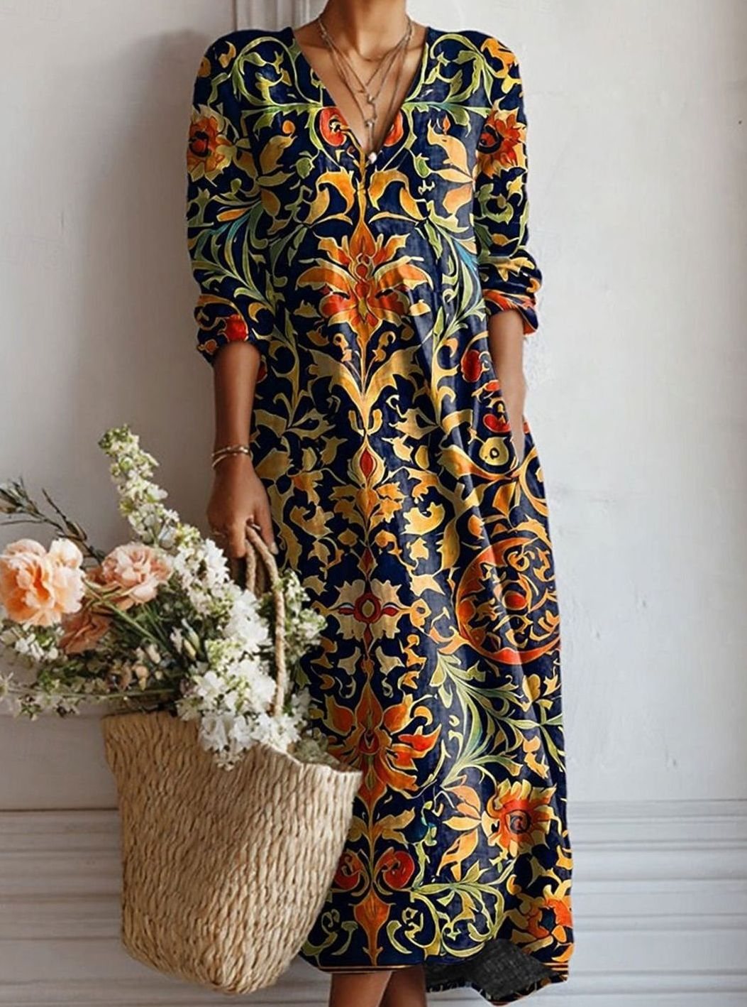 Women's Bohemian Floral V-Neck Long Sleeve Dress - Dress (almost sold out)