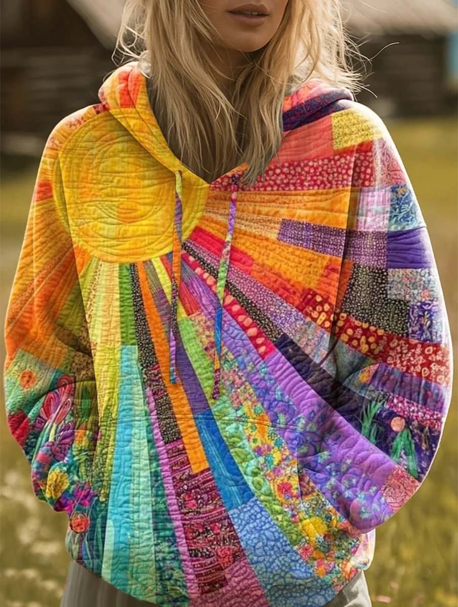 Women's Bohemian Patchwork Quilted Pullover Sweater Hoodie - Multicolor