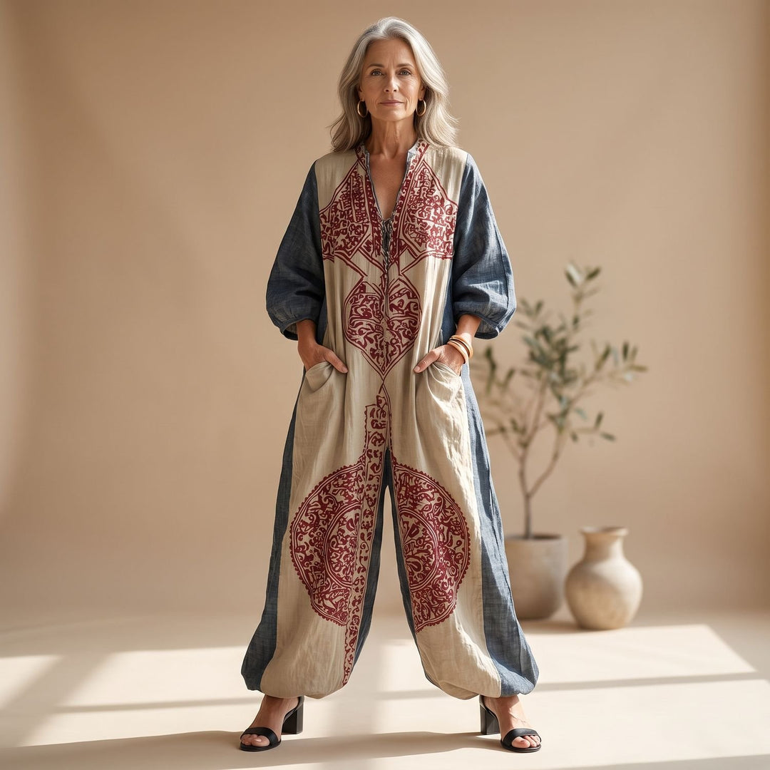 Women's Bohemian Wide-Leg V-Neck Maxi Jumpsuit - Burgundy