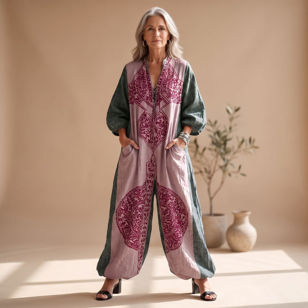 Women's Bohemian Wide-Leg V-Neck Maxi Jumpsuit - Dusty Rose