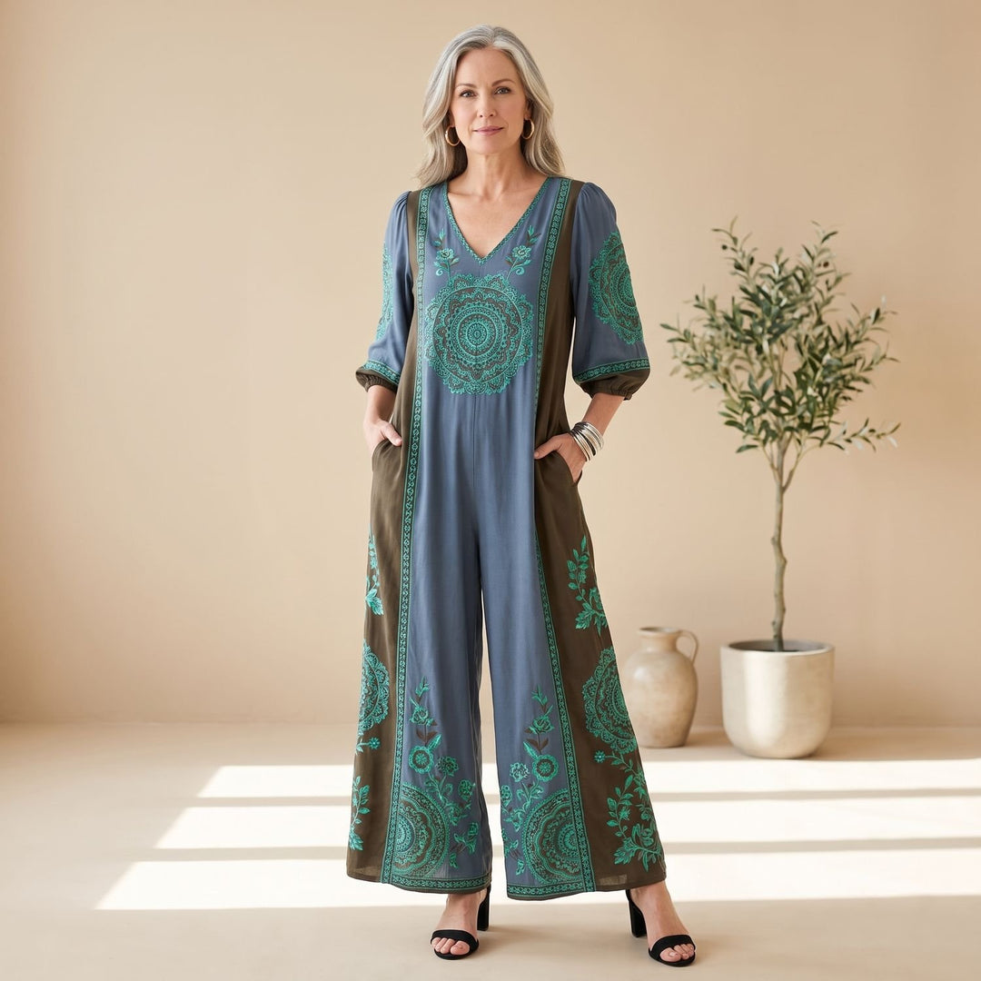 Women's Bohemian Wide-Leg V-Neck Maxi Jumpsuit - Teal