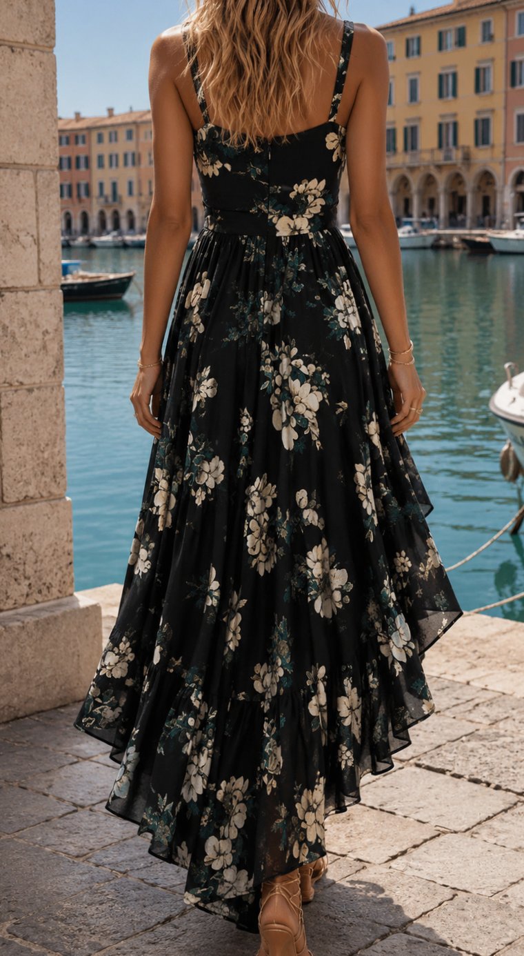 Women's Boho Black Floral High-Low Spaghetti Strap Sundress
