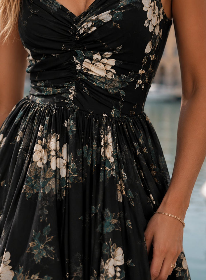 Women's Boho Black Floral High-Low Spaghetti Strap Sundress