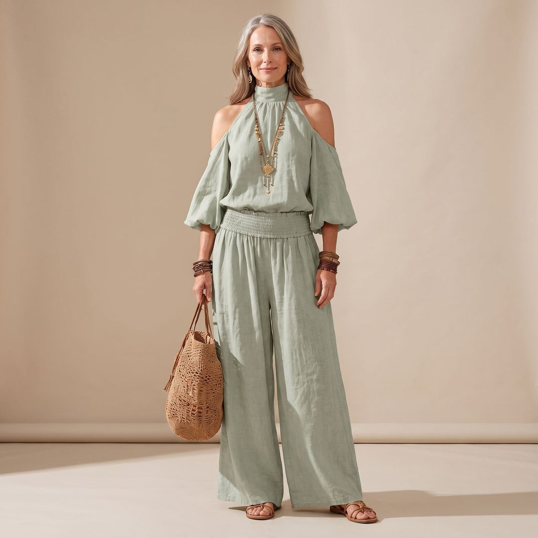 Women's Boho Cold-Shoulder Halter Wide-Leg Jumpsuit - Green