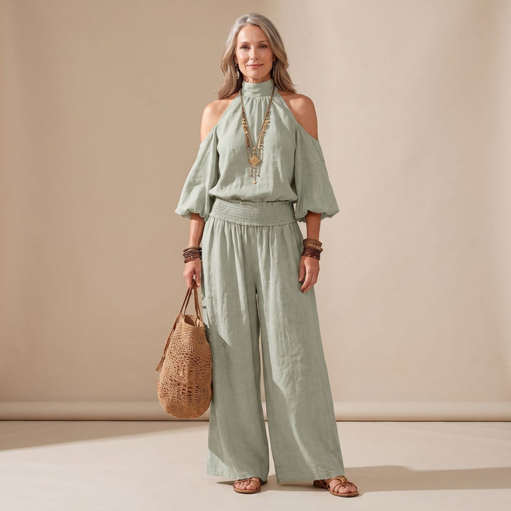 Women's Boho Cold-Shoulder Halter Wide-Leg Jumpsuit - Green