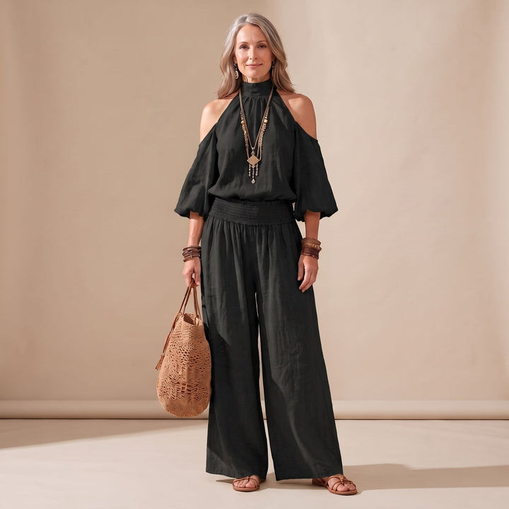 Women's Boho Cold-Shoulder Halter Wide-Leg Jumpsuit - Black