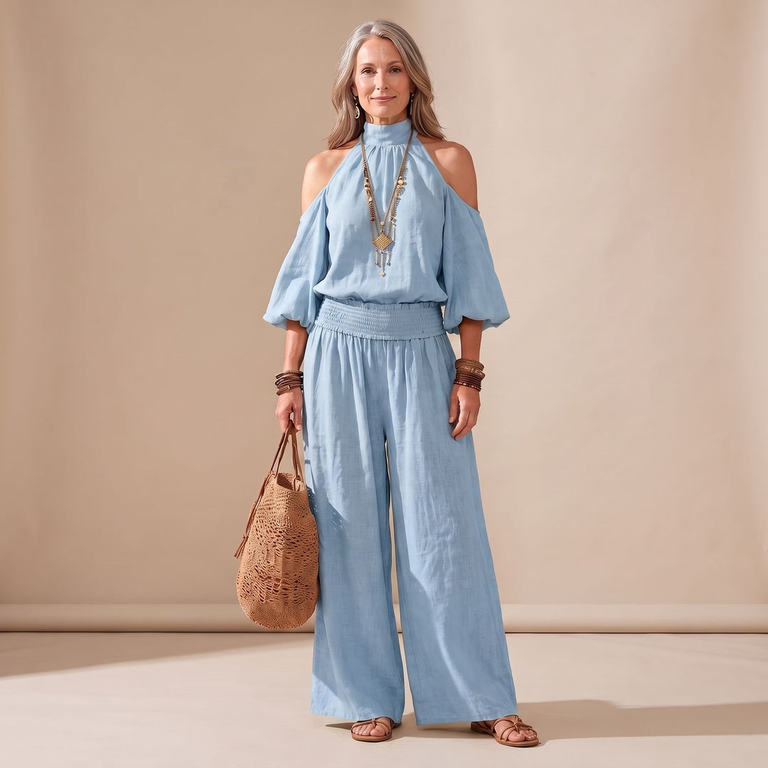 Women's Boho Cold-Shoulder Halter Wide-Leg Jumpsuit - Blue