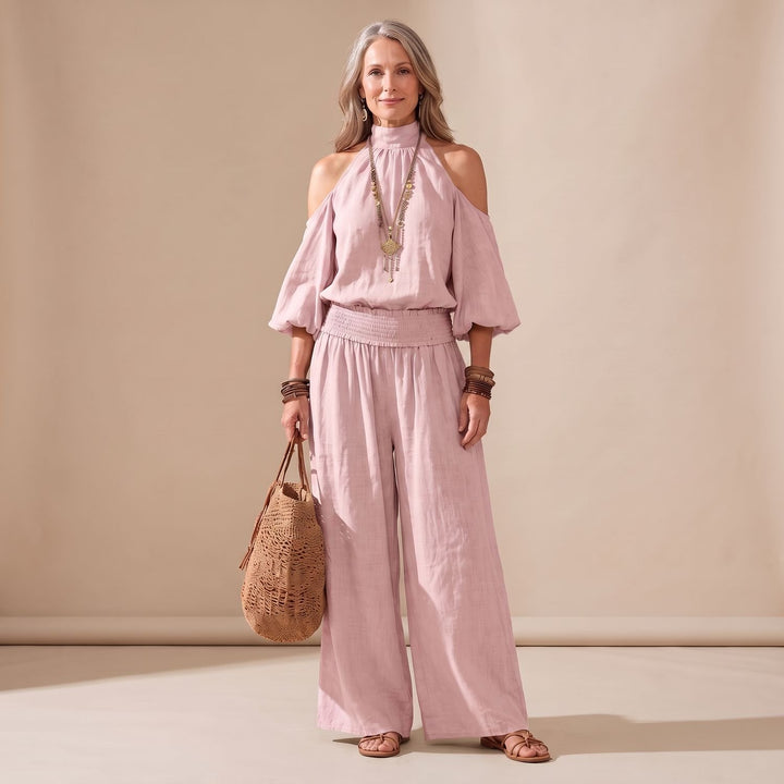 Women's Boho Cold-Shoulder Halter Wide-Leg Jumpsuit - Pink