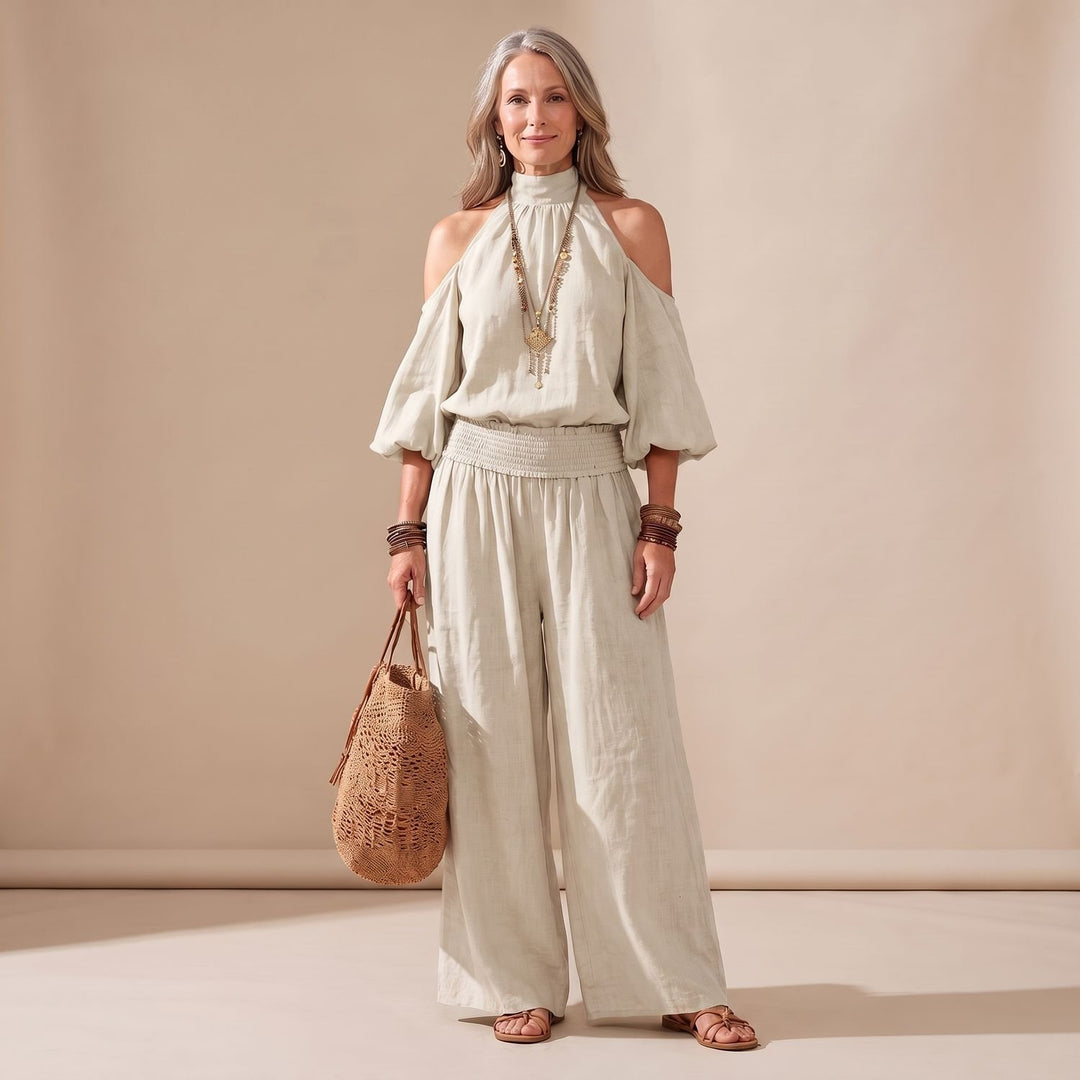 Women's Boho Cold-Shoulder Halter Wide-Leg Jumpsuit - Beige