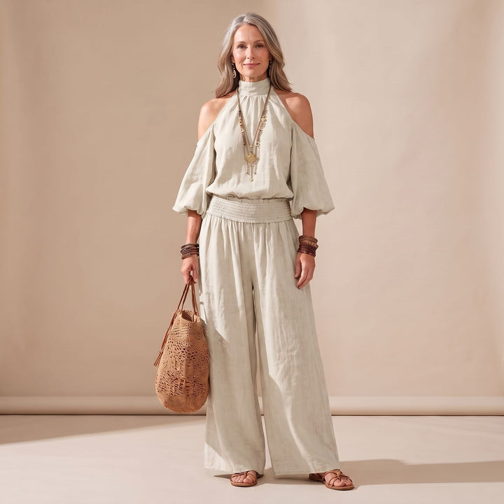 Women's Boho Cold-Shoulder Halter Wide-Leg Jumpsuit - Beige