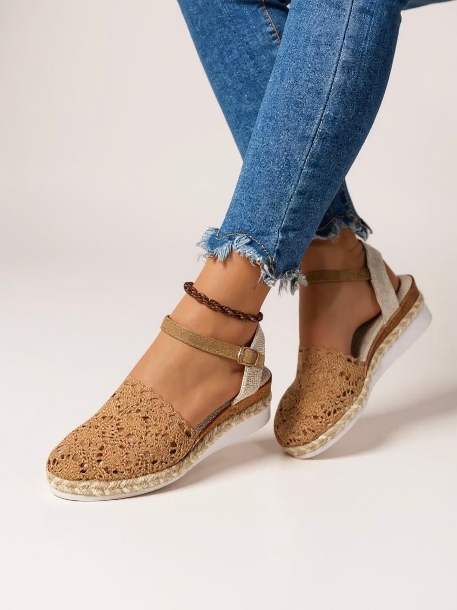 Women's Boho Crochet Flatform Comfortable Sandals Ankle Strap Espadrille