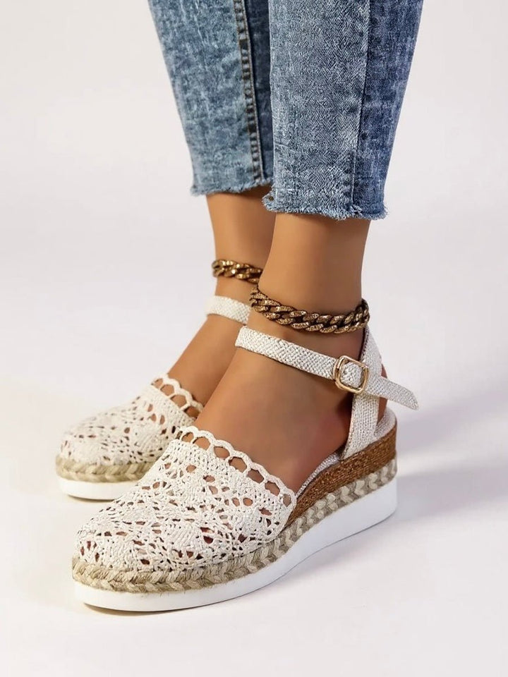 Women's Boho Crochet Flatform Comfortable Sandals Ankle Strap Espadrille