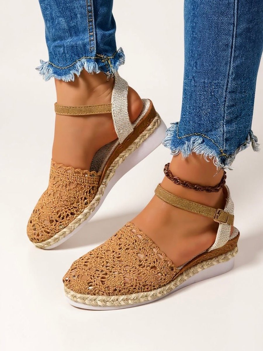 Women's Boho Crochet Flatform Comfortable Sandals Ankle Strap Espadrille - Brown