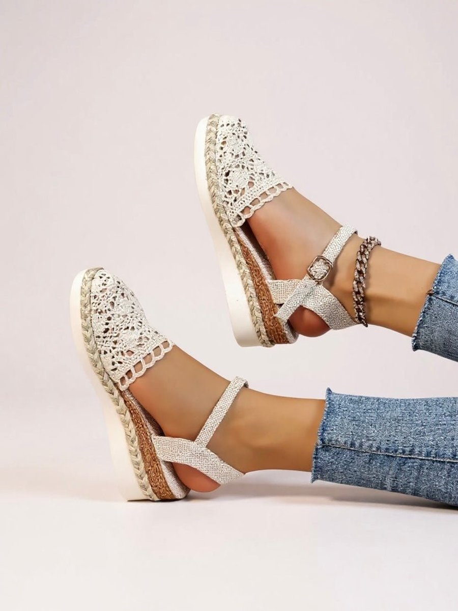 Women's Boho Crochet Flatform Comfortable Sandals Ankle Strap Espadrille