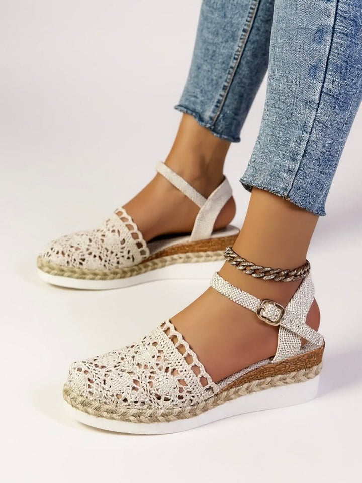 Women's Boho Crochet Flatform Comfortable Sandals Ankle Strap Espadrille - Beige