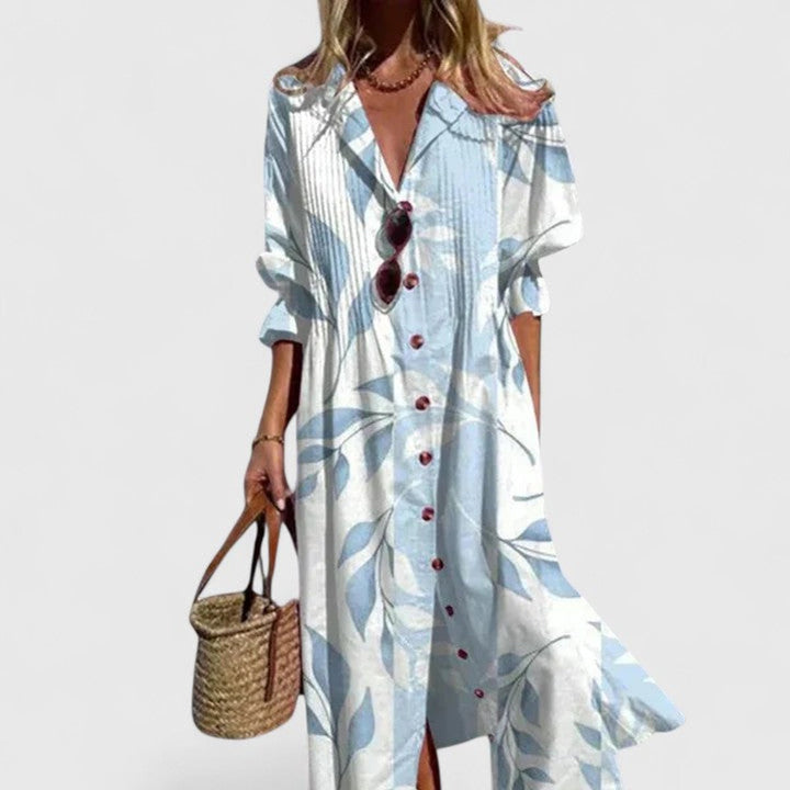 Women's Boho Floral Button-Down Long Sleeve Dress - Sky Blue