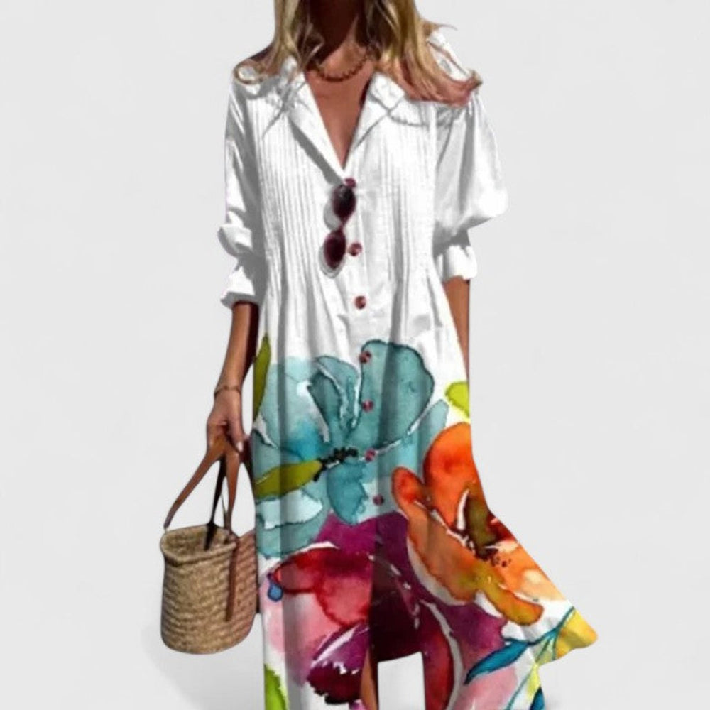 Women's Boho Floral Button-Down Long Sleeve Dress - White