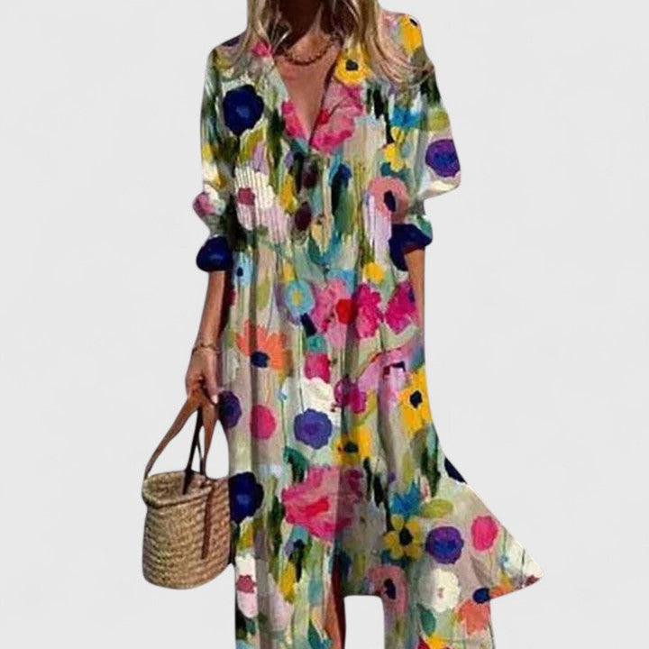 Women's Boho Floral Button-Down Long Sleeve Dress - Multicolor 1