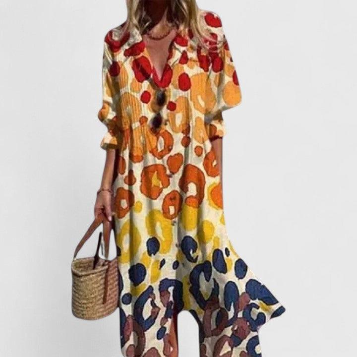 Women's Boho Floral Button-Down Long Sleeve Dress - Yellow