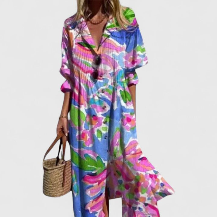 Women's Boho Floral Button-Down Long Sleeve Dress - Red