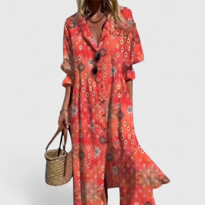 Women's Boho Floral Button-Down Long Sleeve Dress - Rouge