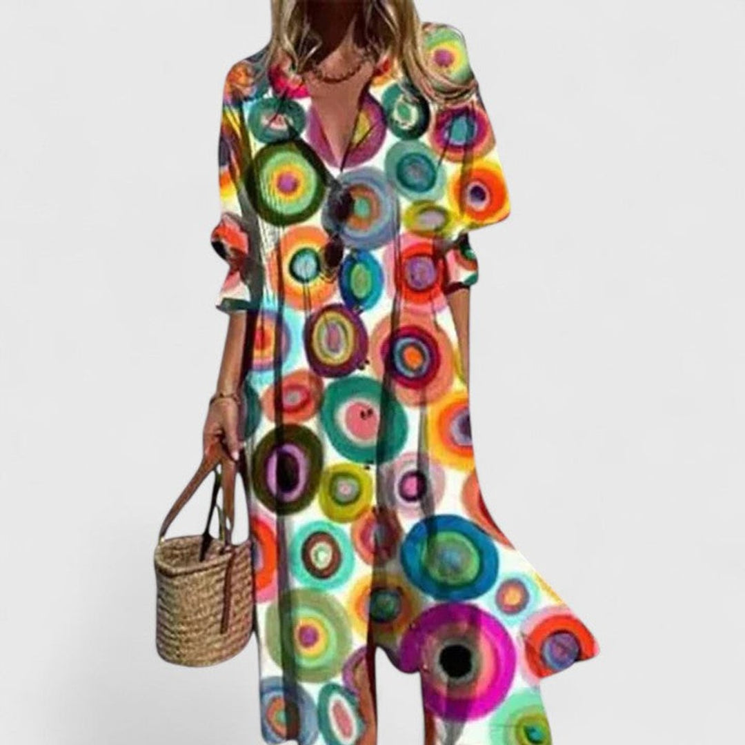 Women's Boho Floral Button-Down Long Sleeve Dress - Multicolor 2